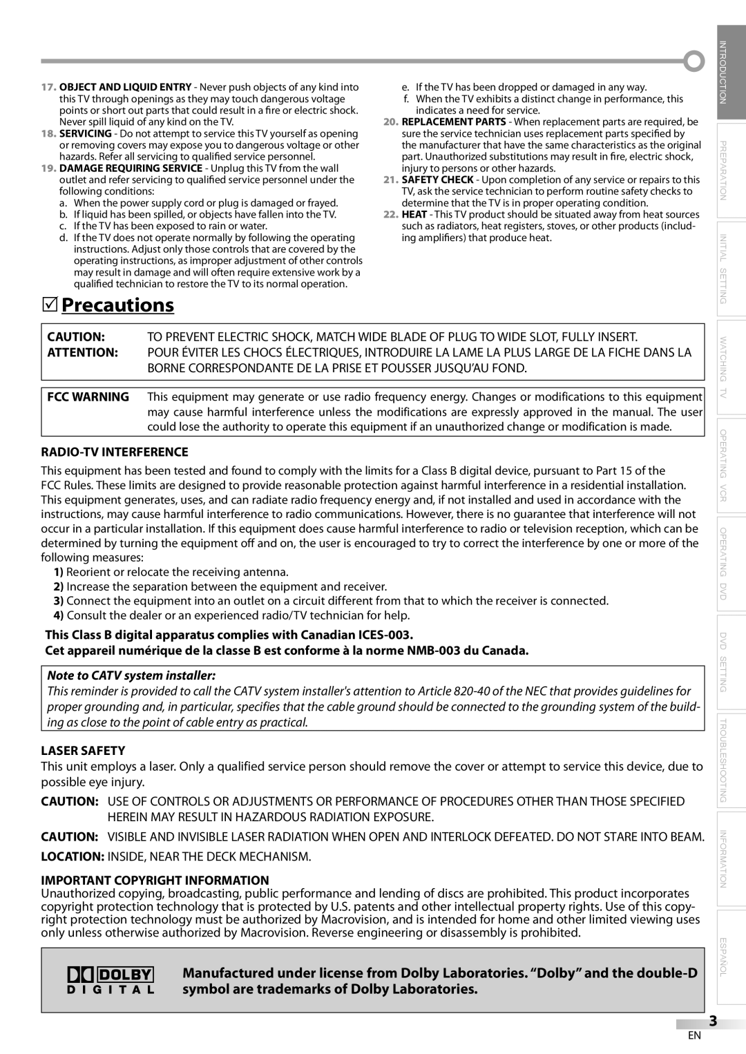 Magnavox CT270MW8 A owner manual Precautions, RADIO-TV Interference, Laser Safety, Important Copyright Information 