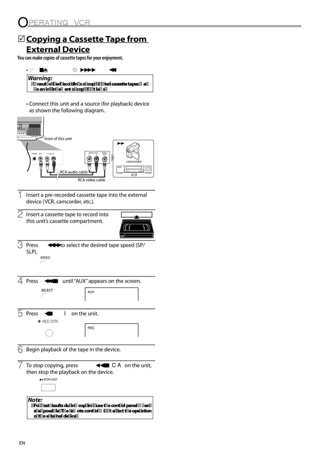 Magnavox CT270MW8 A owner manual 5Copying a Cassette Tape from External Device, Press REC/OTR I on the unit 