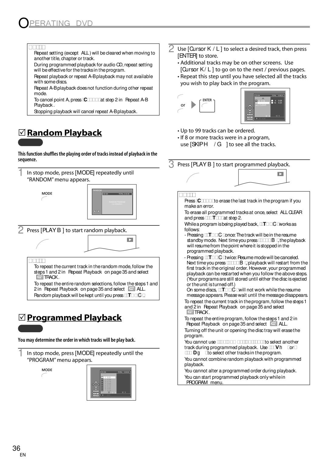 Magnavox CT270MW8 A 5Random Playback, 5Programmed Playback, Stop mode, press Mode repeatedly until Random menu appears 