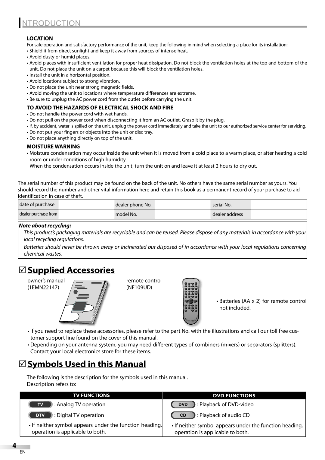 Magnavox CT270MW8 A owner manual 5Supplied Accessories, 5Symbols Used in this Manual, Location, Moisture Warning 