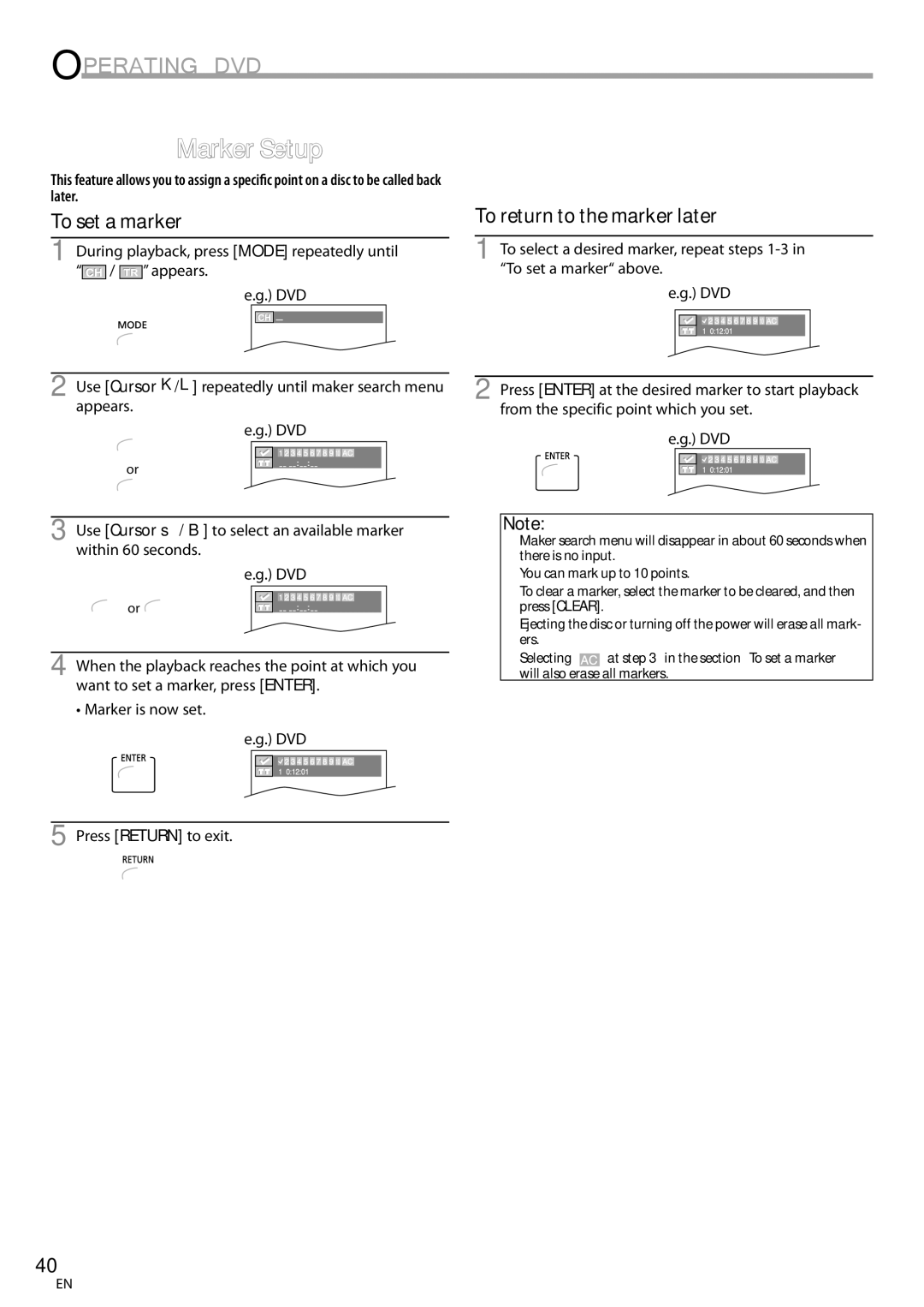 Magnavox CT270MW8 A owner manual Marker Setup, During playback, press Mode repeatedly until / appears DVD 