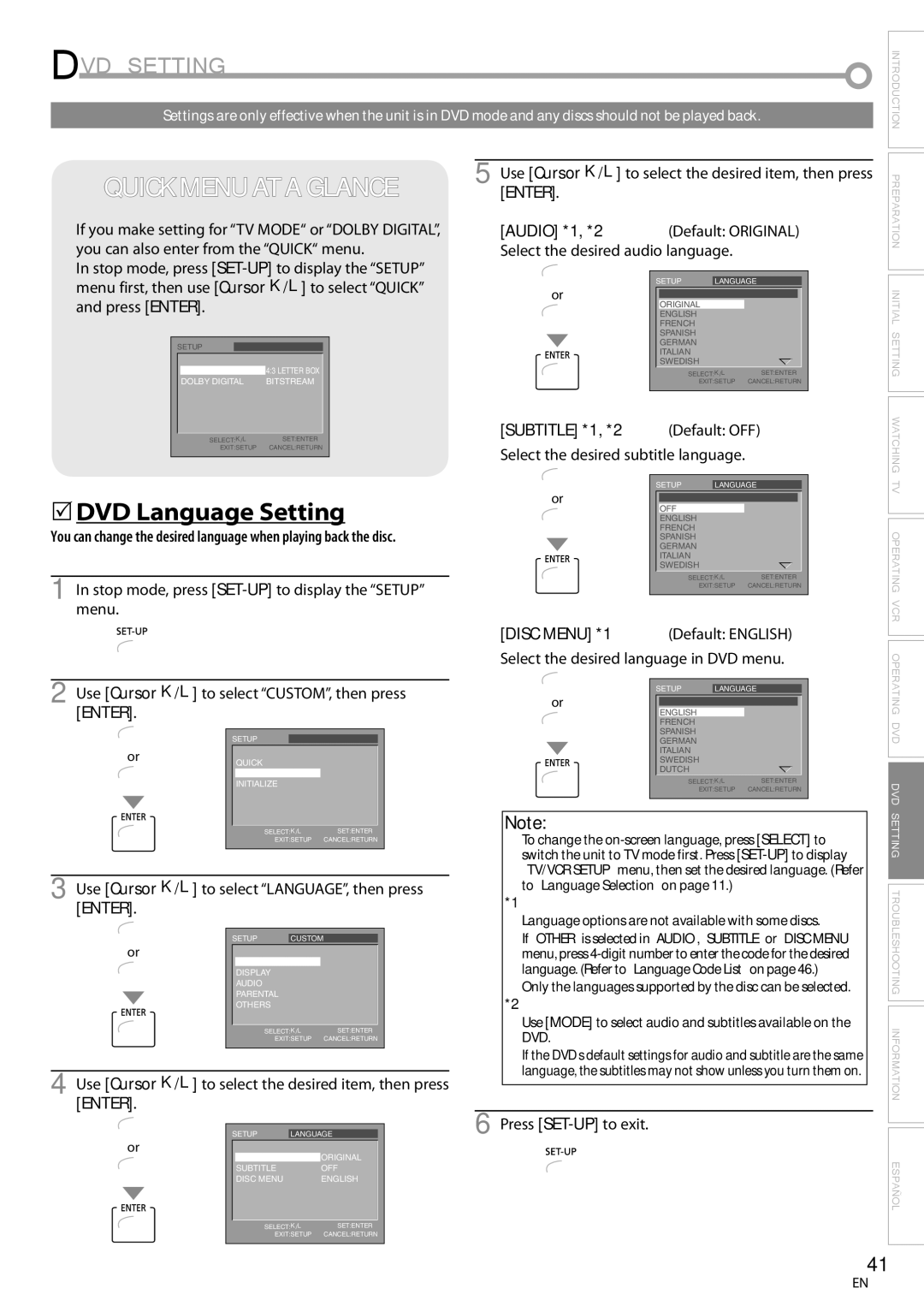 Magnavox CT270MW8 A owner manual DVD Setting, 5DVD Language Setting, Subtitle *1, *2, Disc Menu *1 