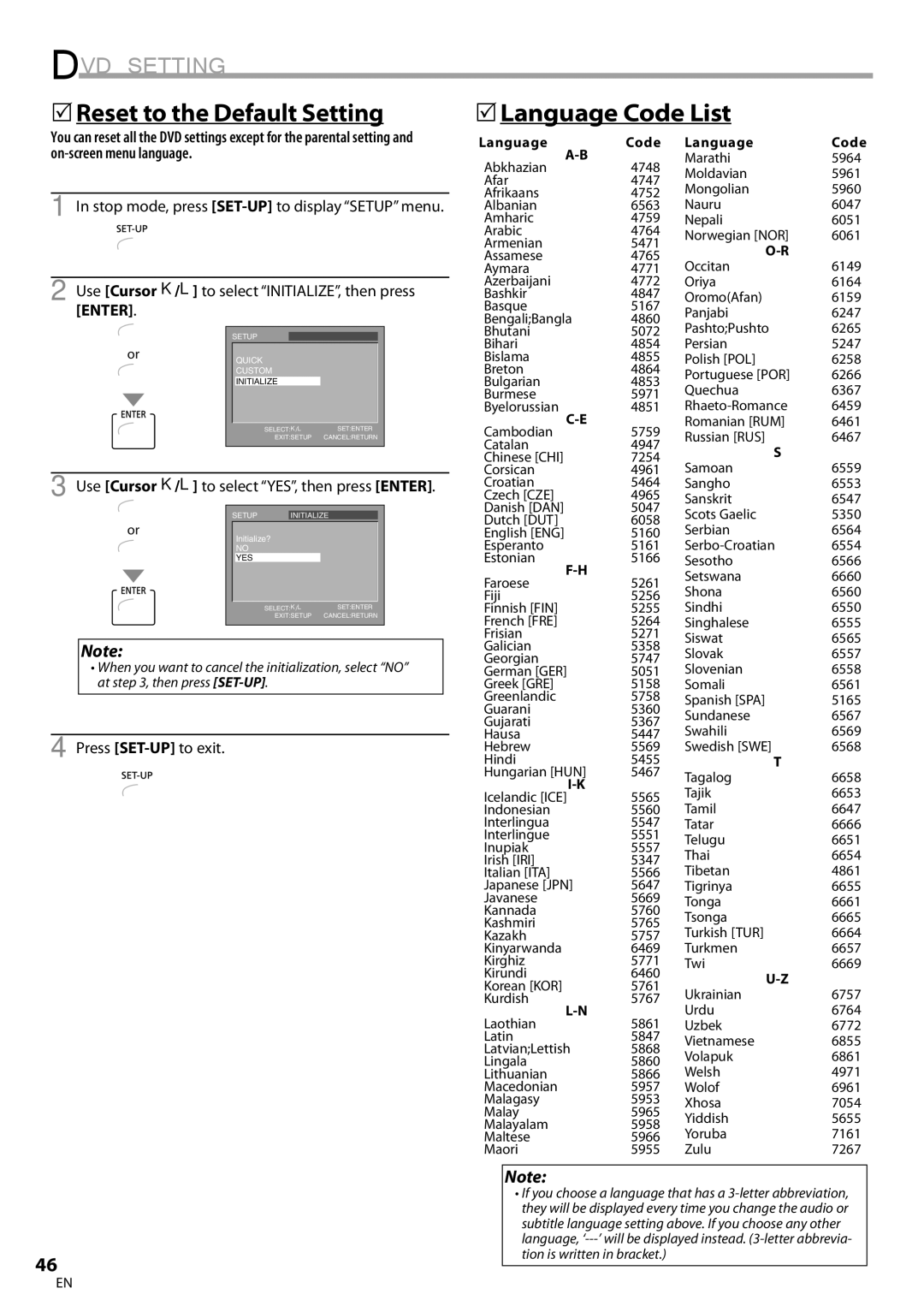 Magnavox CT270MW8 A 5Reset to the Default Setting 5Language Code List, Use Cursor K/L to select YES, then press Enter 