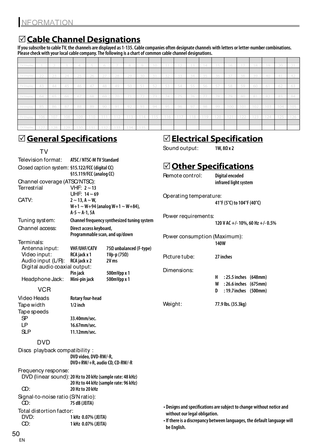 Magnavox CT270MW8 A 5Cable Channel Designations, 5General Specifications, 5Electrical Specification, 5Other Specifications 