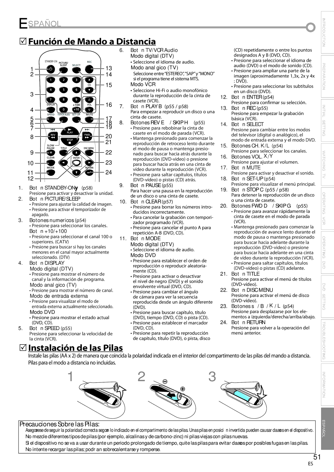 Magnavox CT270MW8 A owner manual Español, 5Función de Mando a Distancia, 5Instalación de las Pilas 