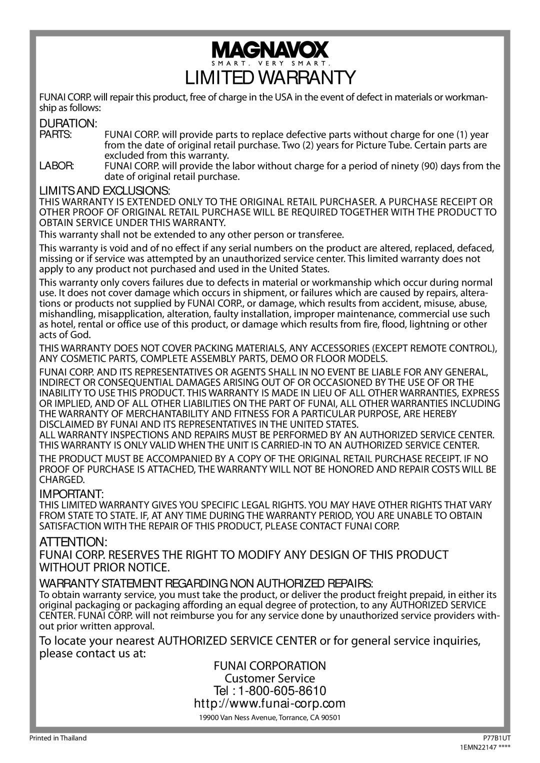 Magnavox CT270MW8 A owner manual Limited Warranty 