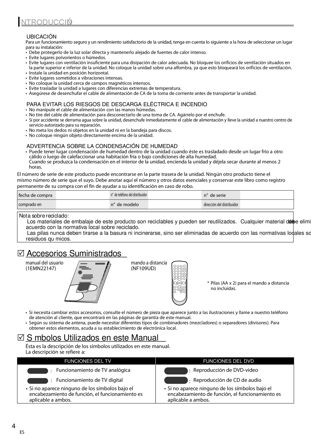 Magnavox CT270MW8 A owner manual 5Accesorios Suministrados, 5Símbolos Utilizados en este Manual, Ubicación 