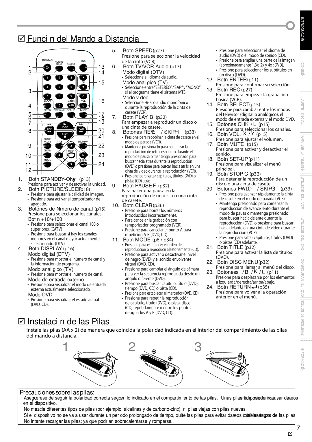 Magnavox CT270MW8 A owner manual 5Función del Mando a Distancia, Botones REV E / Skip H p33 