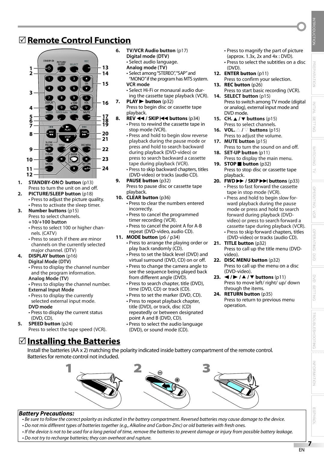 Magnavox CT270MW8 A owner manual 5Remote Control Function, 5Installing the Batteries 