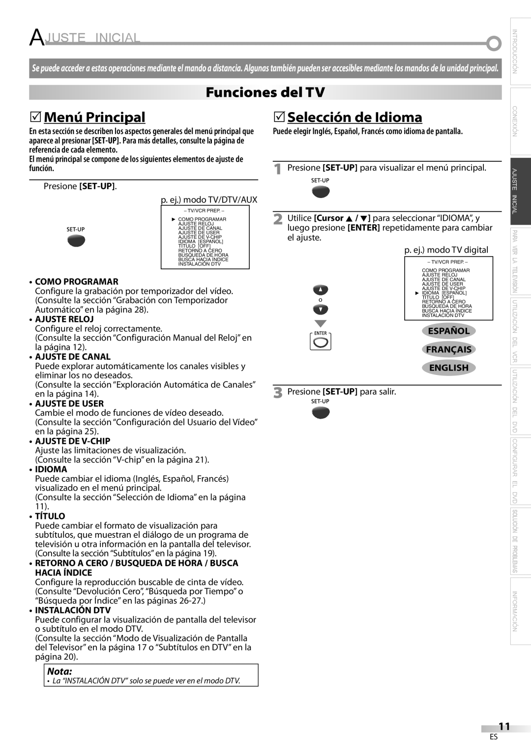 Magnavox CT270MW8 A owner manual Ajuste Inicial, Funciones del TV 5Menú Principal, Como Programar, Ajuste DE User 