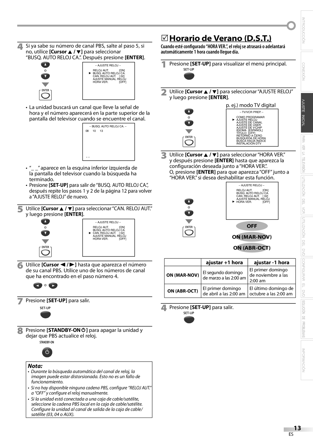 Magnavox CT270MW8 A owner manual OFF On MAR-NOV, On ABR-OCT, Ajustar +1 hora Ajustar -1 hora 