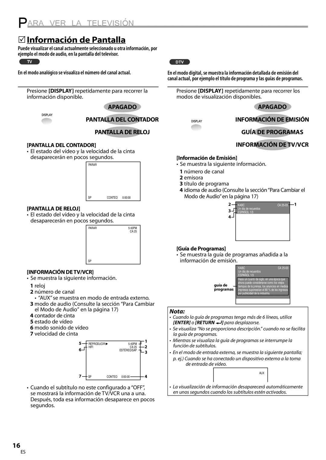 Magnavox CT270MW8 A owner manual Para VER LA Televisión, 5Información de Pantalla, Pantalla DEL Contador, Pantalla DE Reloj 