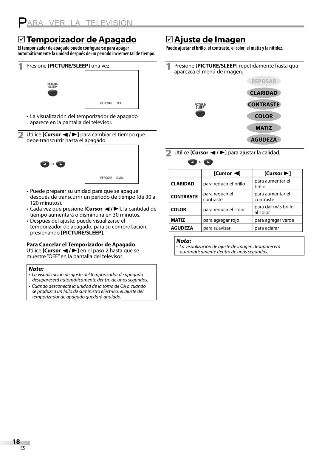 Magnavox CT270MW8 A owner manual 5Temporizador de Apagado, 5Ajuste de Imagen, Presione PICTURE/SLEEP una vez 