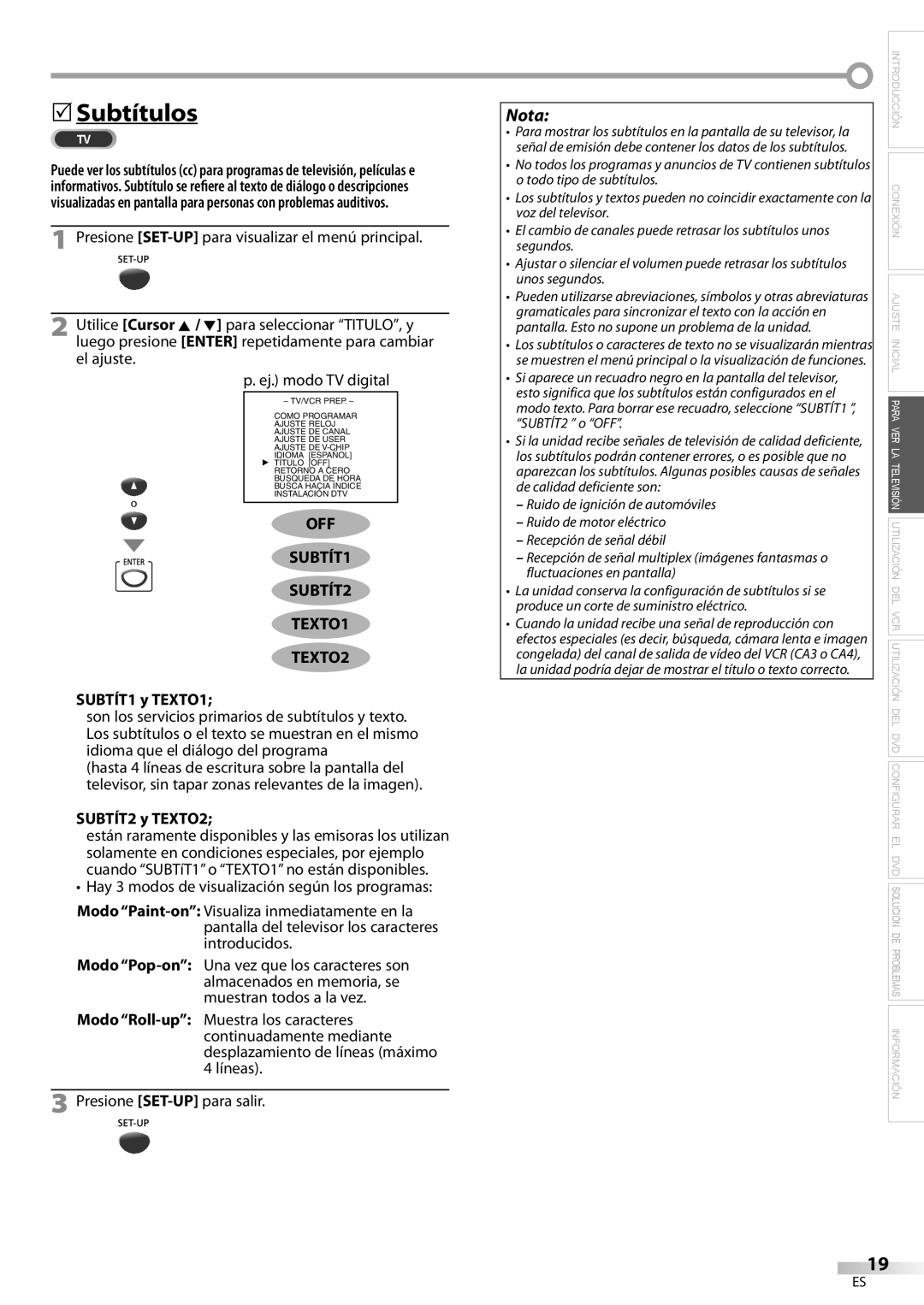 Magnavox CT270MW8 A owner manual Subtítulos, OFF SUBTÍT1 SUBTÍT2 TEXTO1 TEXTO2, SUBTÍT1 y TEXTO1, SUBTÍT2 y TEXTO2 