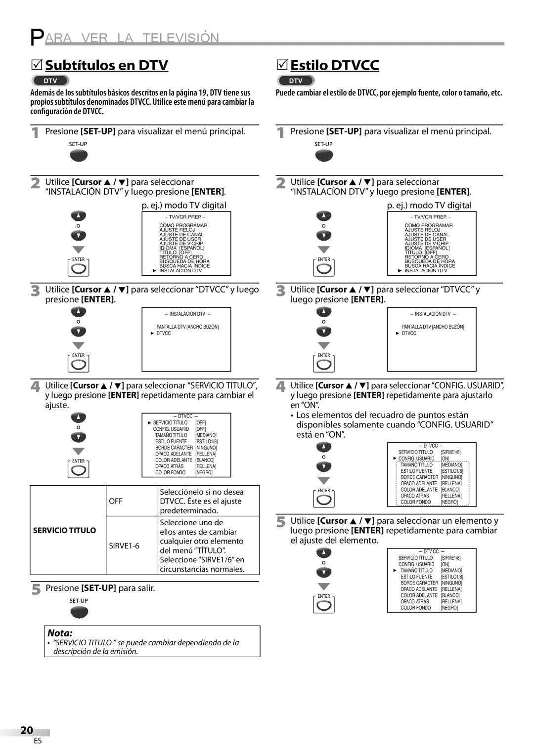 Magnavox CT270MW8 A owner manual Subtítulos en DTV, Presione SET-UPpara visualizar el menú principal 