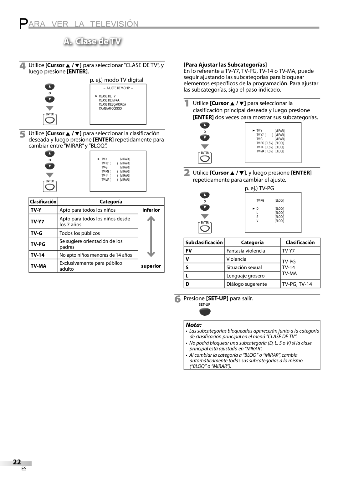 Magnavox CT270MW8 A owner manual Clase de TV, Para Ajustar las Subcategorías, Ej. TV-PG 