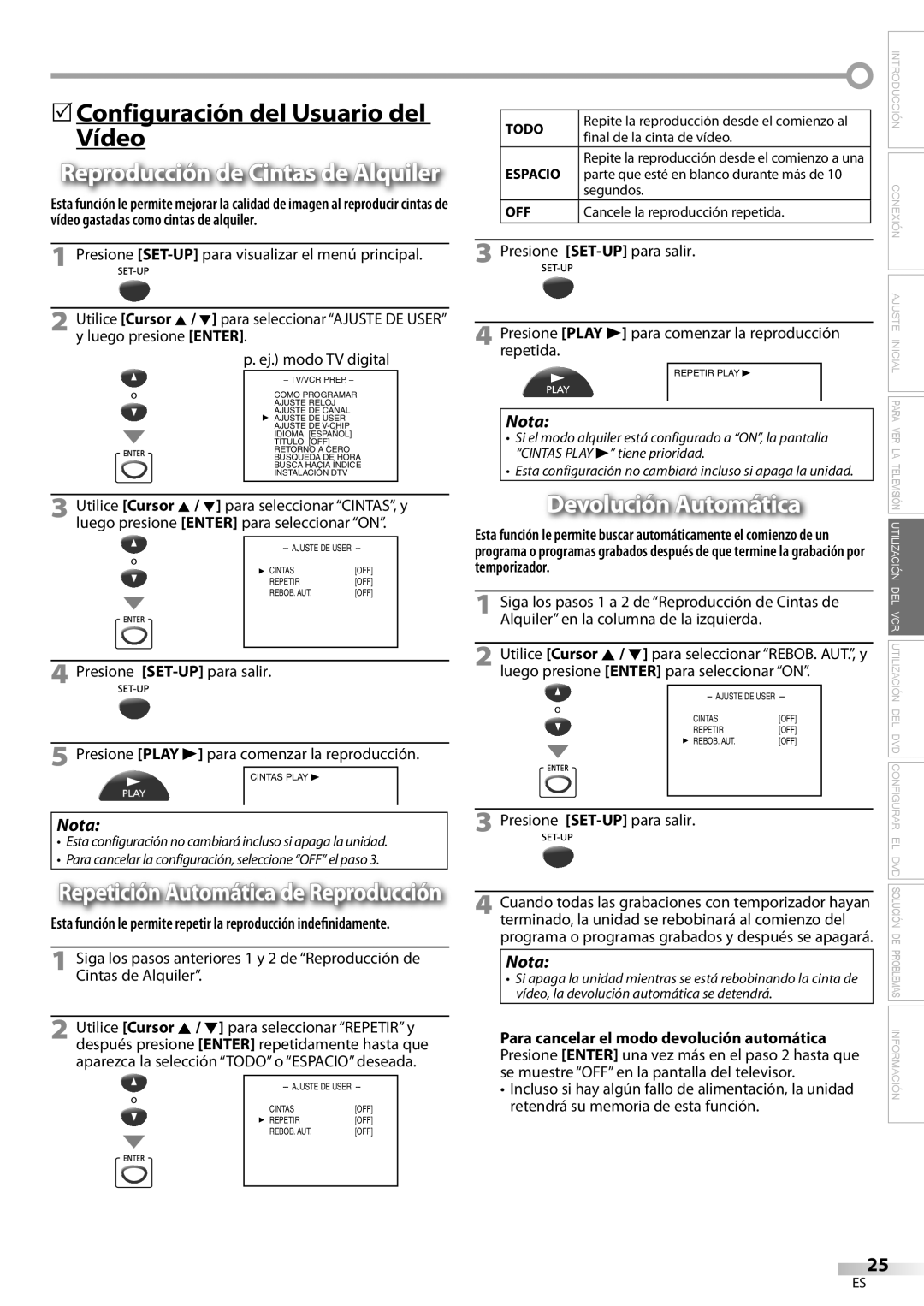 Magnavox CT270MW8 A owner manual 5Configuración del Usuario del Vídeo, Devolución Automática, Temporizador 