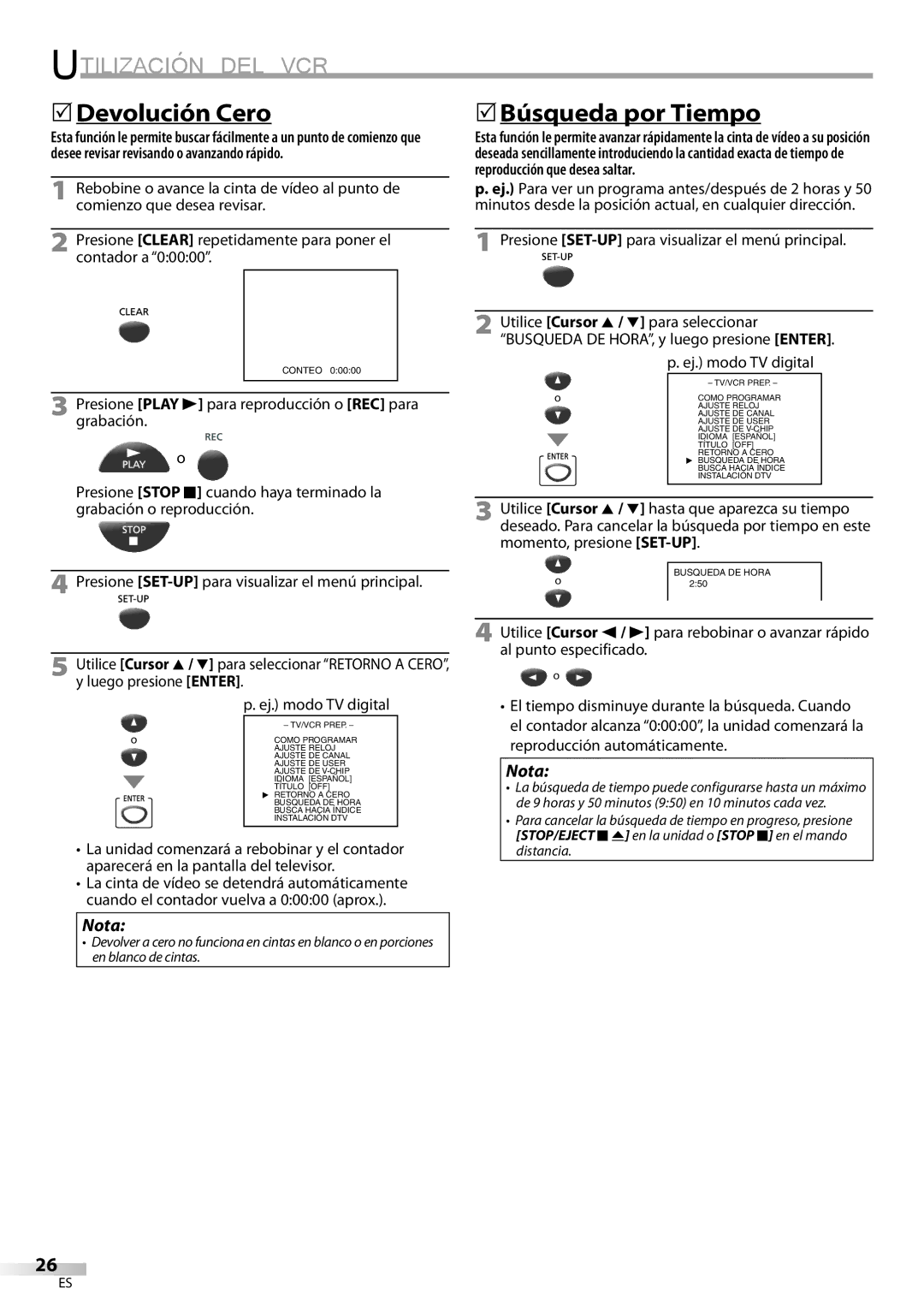 Magnavox CT270MW8 A owner manual 5Devolución Cero, 5Búsqueda por Tiempo 