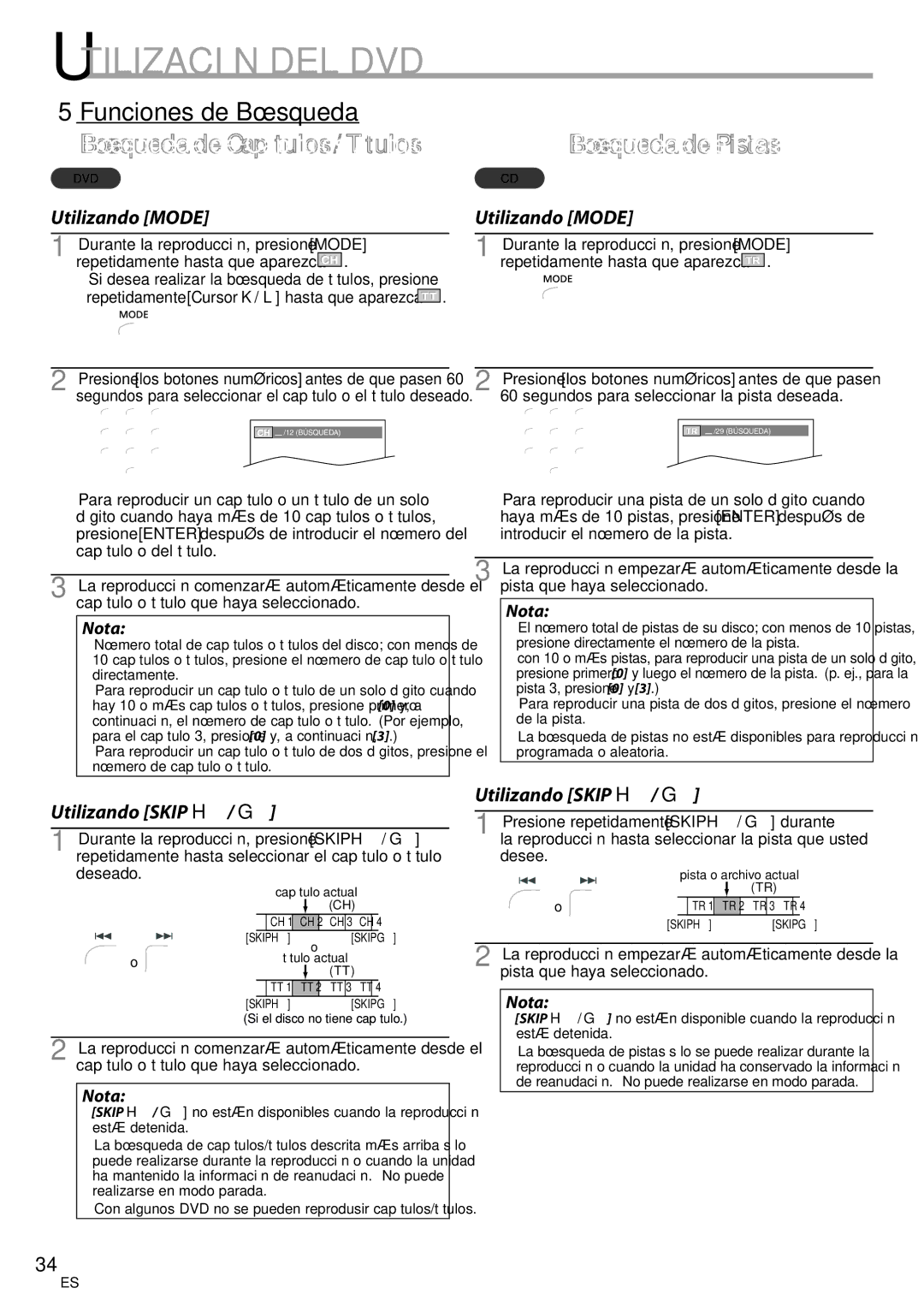 Magnavox CT270MW8 A owner manual 5Funciones de Búsqueda, Búsqueda de Capítulos / Títulos 