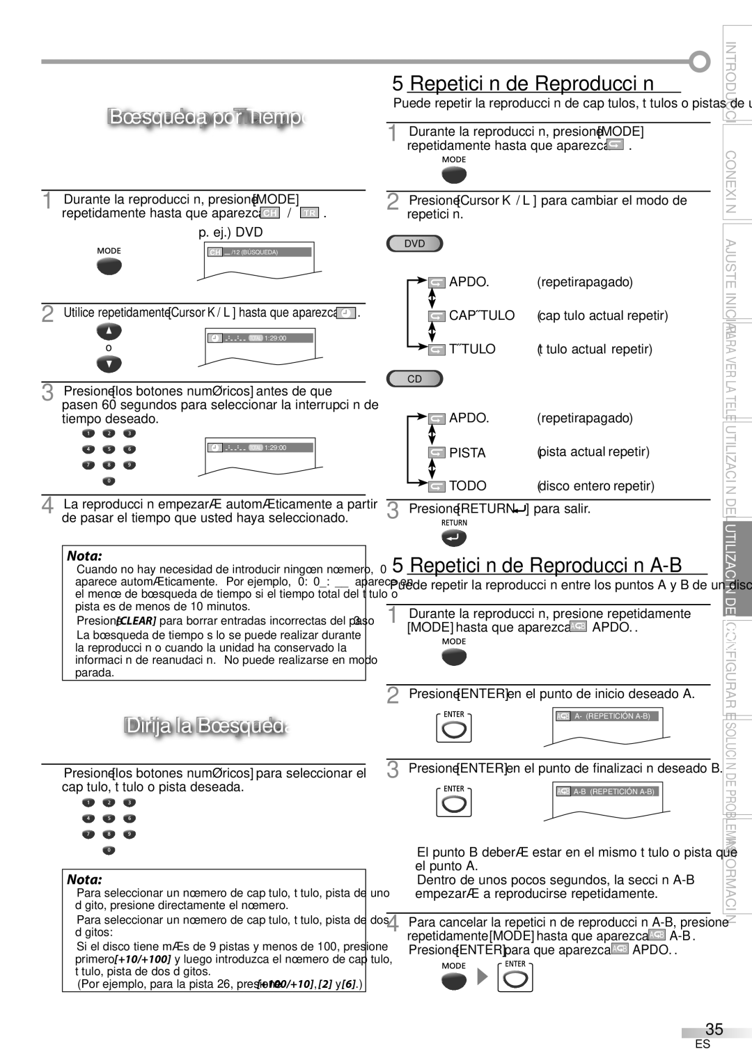 Magnavox CT270MW8 A owner manual Búsqueda por Tiempo, Dirija la Búsqueda, 5Repetición de Reproducción 