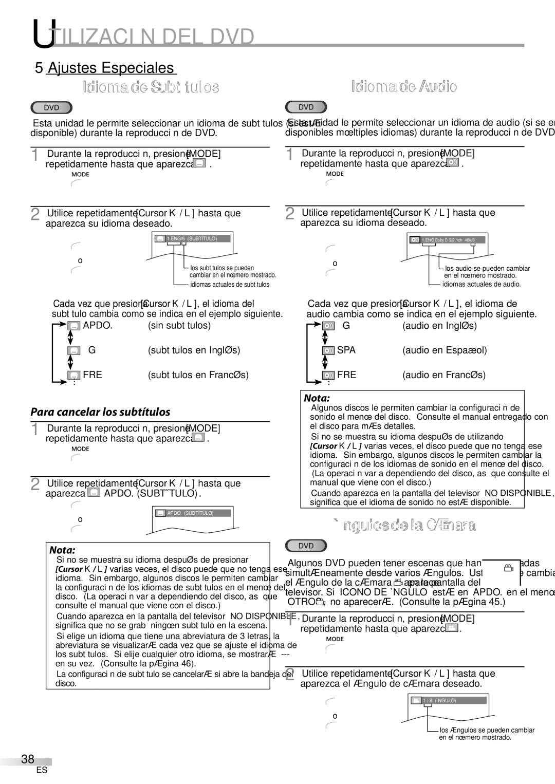 Magnavox CT270MW8 A owner manual 5Ajustes Especiales, Idioma de Subtítulos, Ángulos de la Cámara 