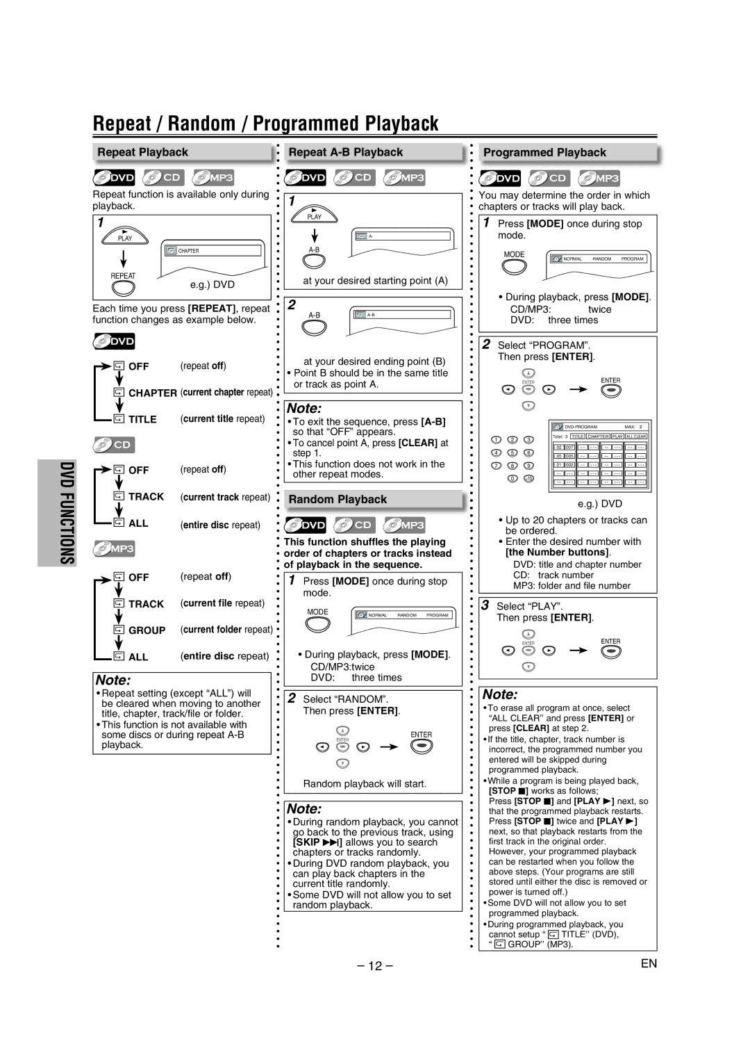 Magnavox DP100MW8 owner manual Repeat / Random / Programmed Playback, Repeat Playback, Repeat A-B Playback, Random Playback 