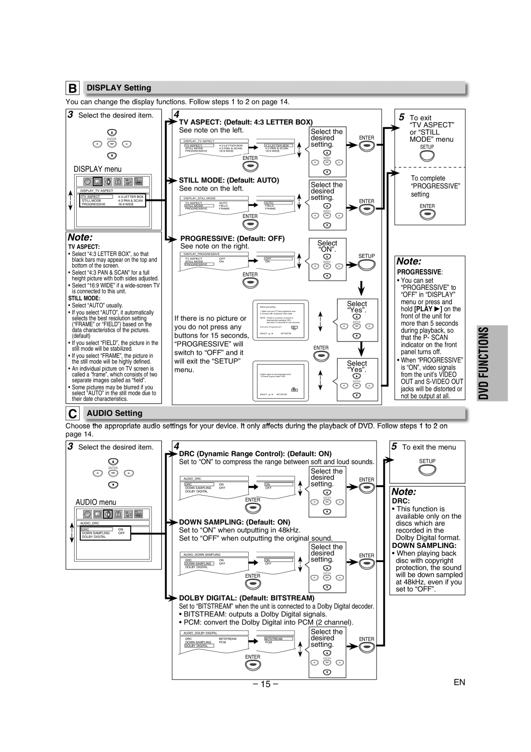 Magnavox DP100MW8 owner manual Display Setting, Audio Setting, Progressive, Drc, Down Sampling 