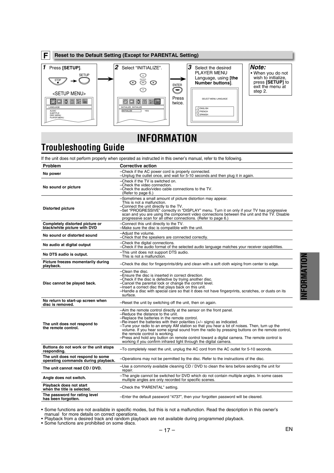 Magnavox DP100MW8 owner manual Information, Troubleshooting Guide, Reset to the Default Setting Except for Parental Setting 