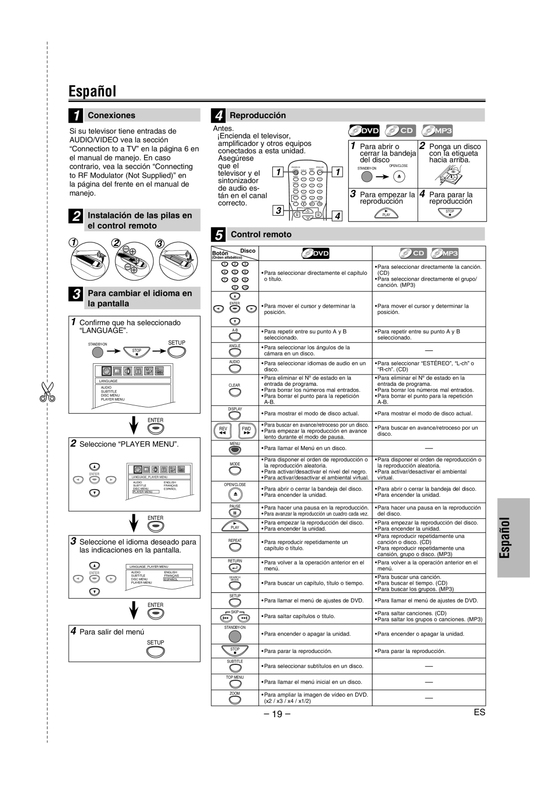 Magnavox DP100MW8 Español, Conexiones, Instalación de las pilas en el control remoto Reproducción, Control remoto 