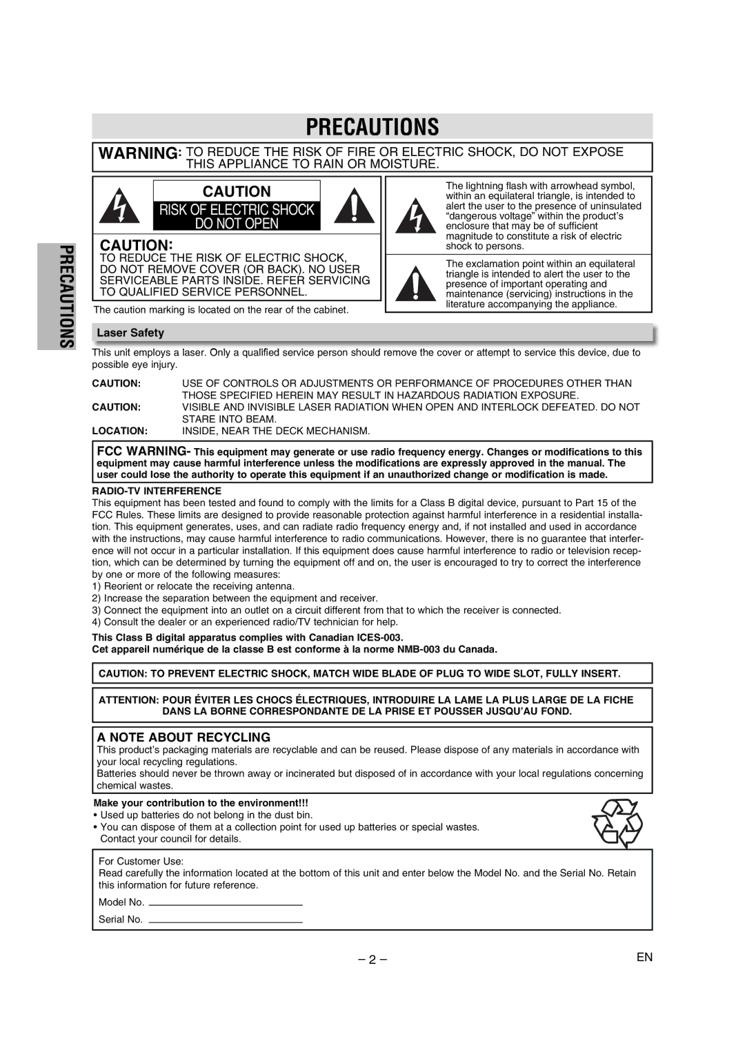 Magnavox DP100MW8 owner manual Precautions, Laser Safety, RADIO-TV Interference, Make your contribution to the environment 