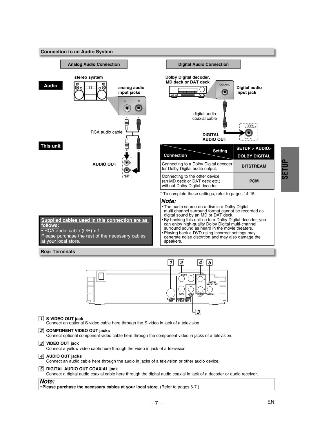 Magnavox DP100MW8 owner manual Connection to an Audio System, Rear Terminals, Digital Audio OUT, Bitstream 