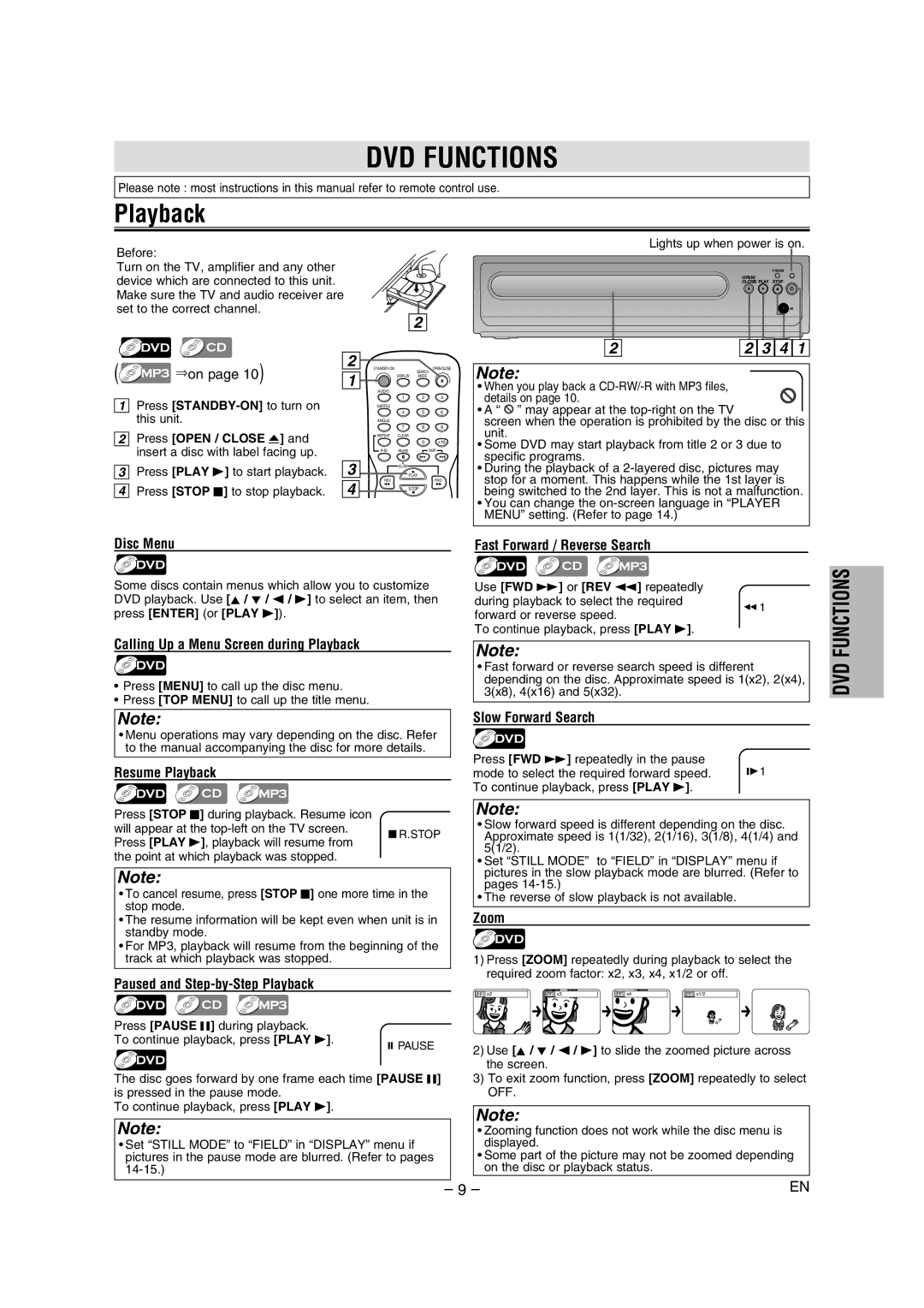 Magnavox DP100MW8 owner manual DVD Functions, Playback 