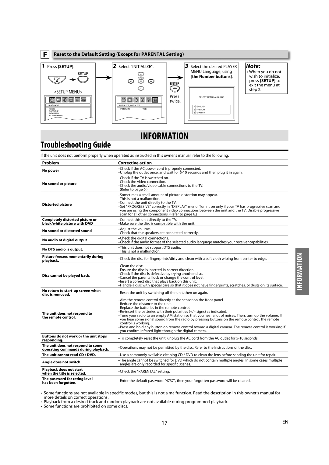 Magnavox DP100MW8B A Information, Troubleshooting Guide, Reset to the Default Setting Except for Parental Setting 