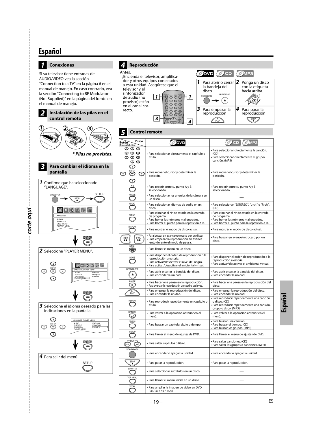 Magnavox DP100MW8B A Español, Conexiones, Instalación de las pilas en el control remoto Reproducción, Control remoto 