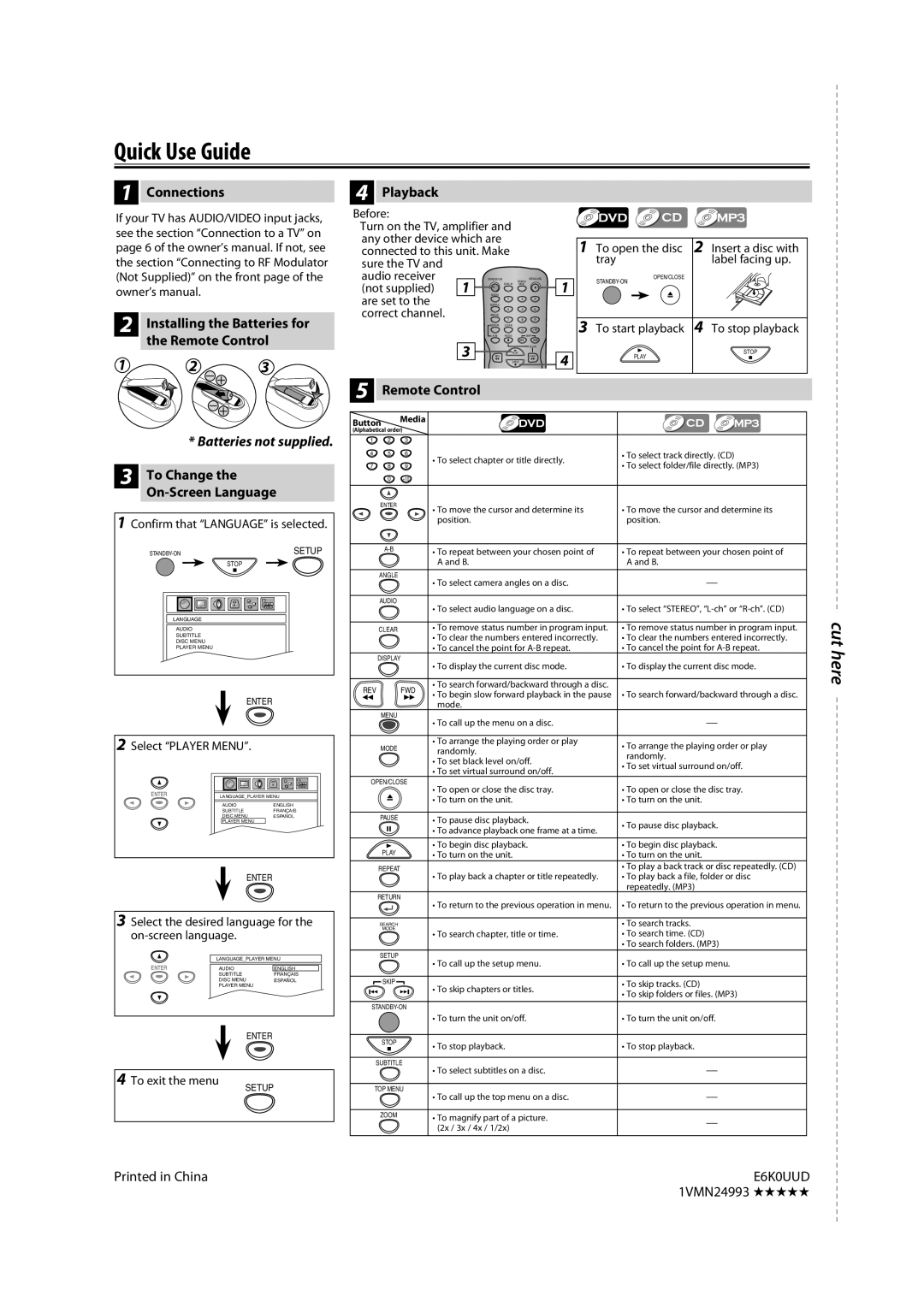 Magnavox DP100MW8B A owner manual Quick Use Guide, Connections Playback, Installing the Batteries for, 1VMN24993 