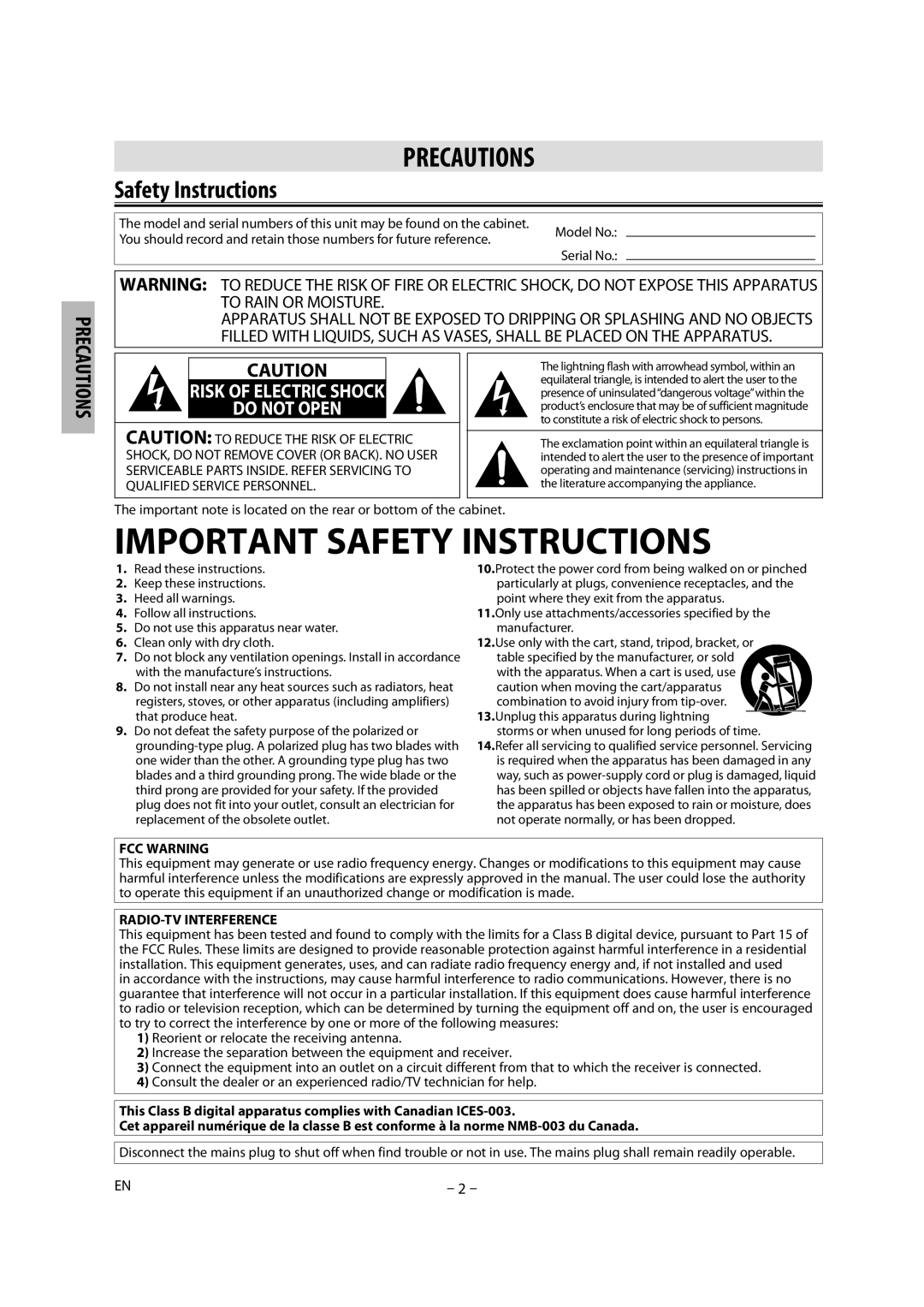 Magnavox DP100MW8B B owner manual Safety Instructions, FCC Warning, RADIO-TV Interference 