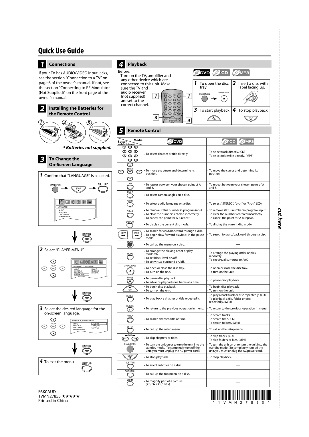 Magnavox DP100MW8B B owner manual Quick Use Guide, Connections Playback, To Change the On-Screen Language 