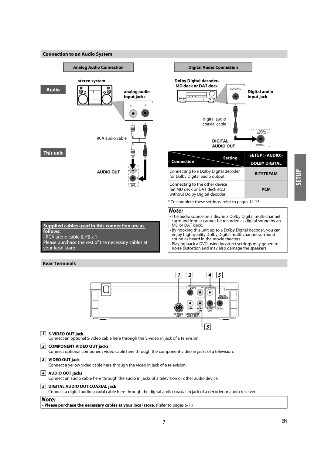 Magnavox DP100MW8B B owner manual Connection to an Audio System, Rear Terminals, Digital Audio OUT 