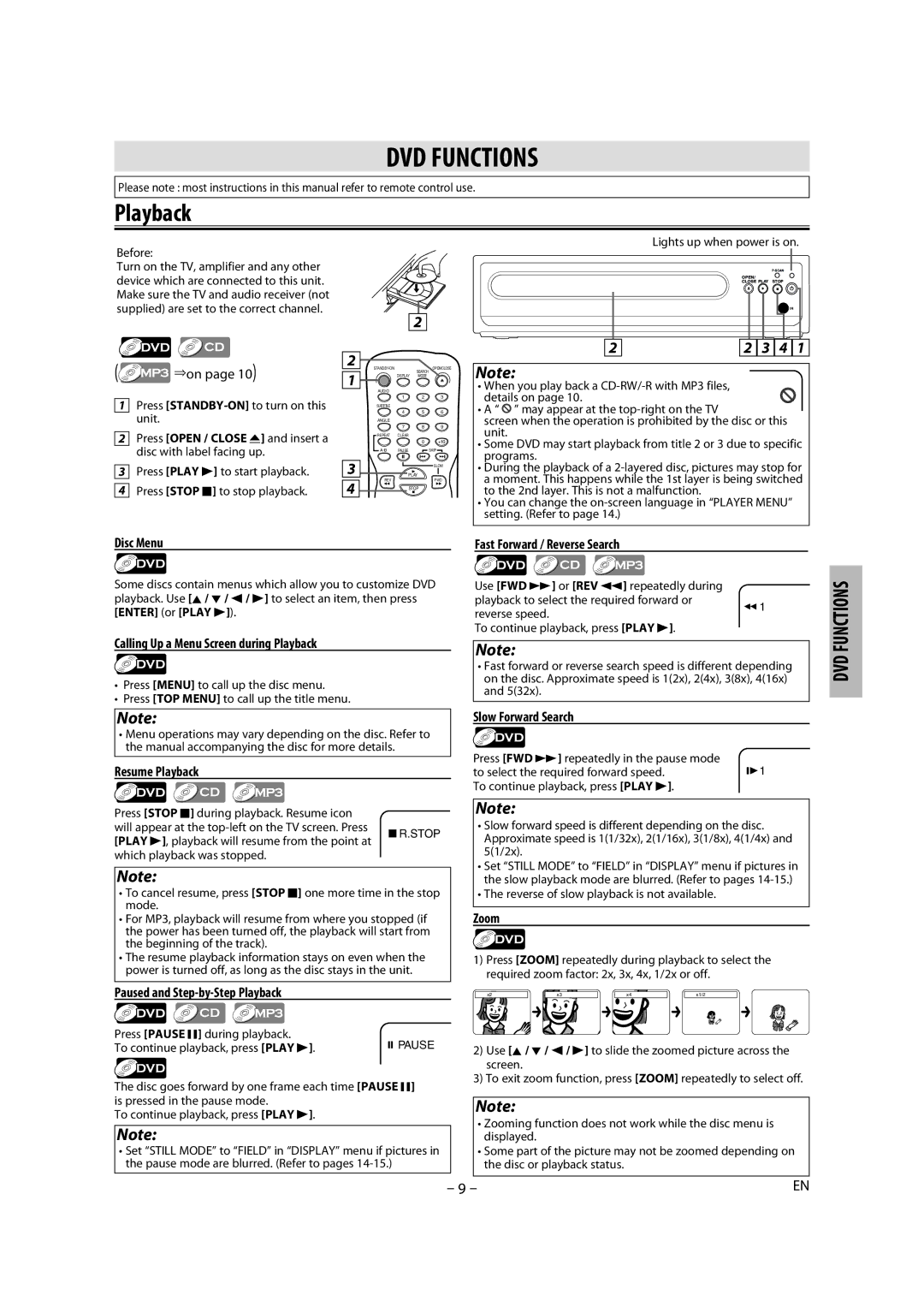 Magnavox DP100MW8B B owner manual DVD Functions, Playback 