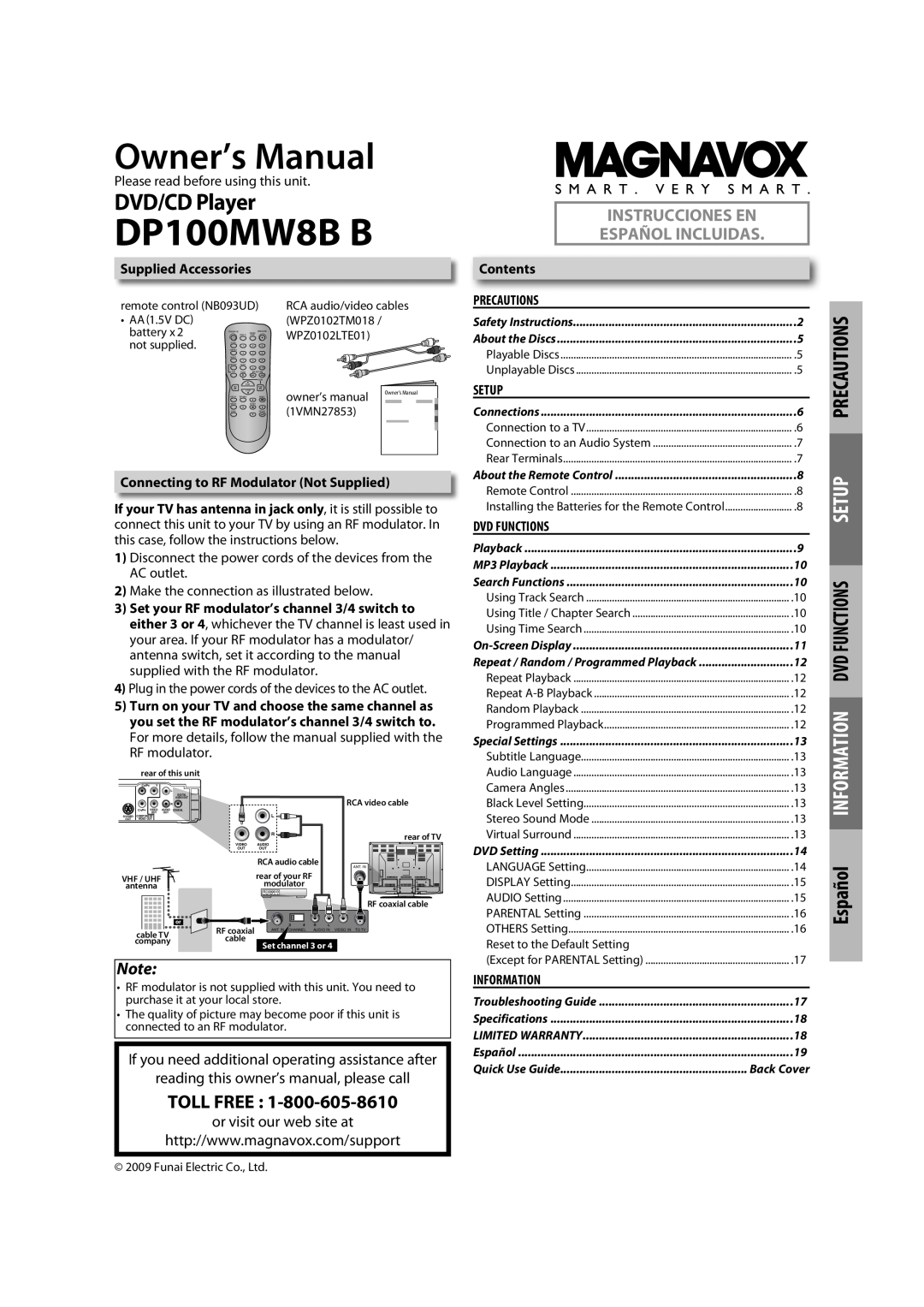 Magnavox DP100MW8B B owner manual Owner’s Manual, Precautions, Toll Free, reading this owner’s manual, please call, Setup 