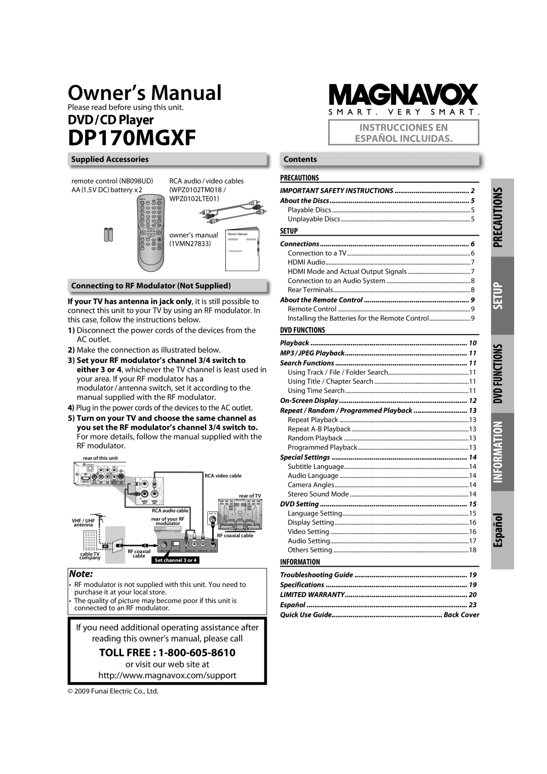 Magnavox DP170MGXF owner manual Supplied Accessories, Connecting to RF Modulator Not Supplied, Contents 