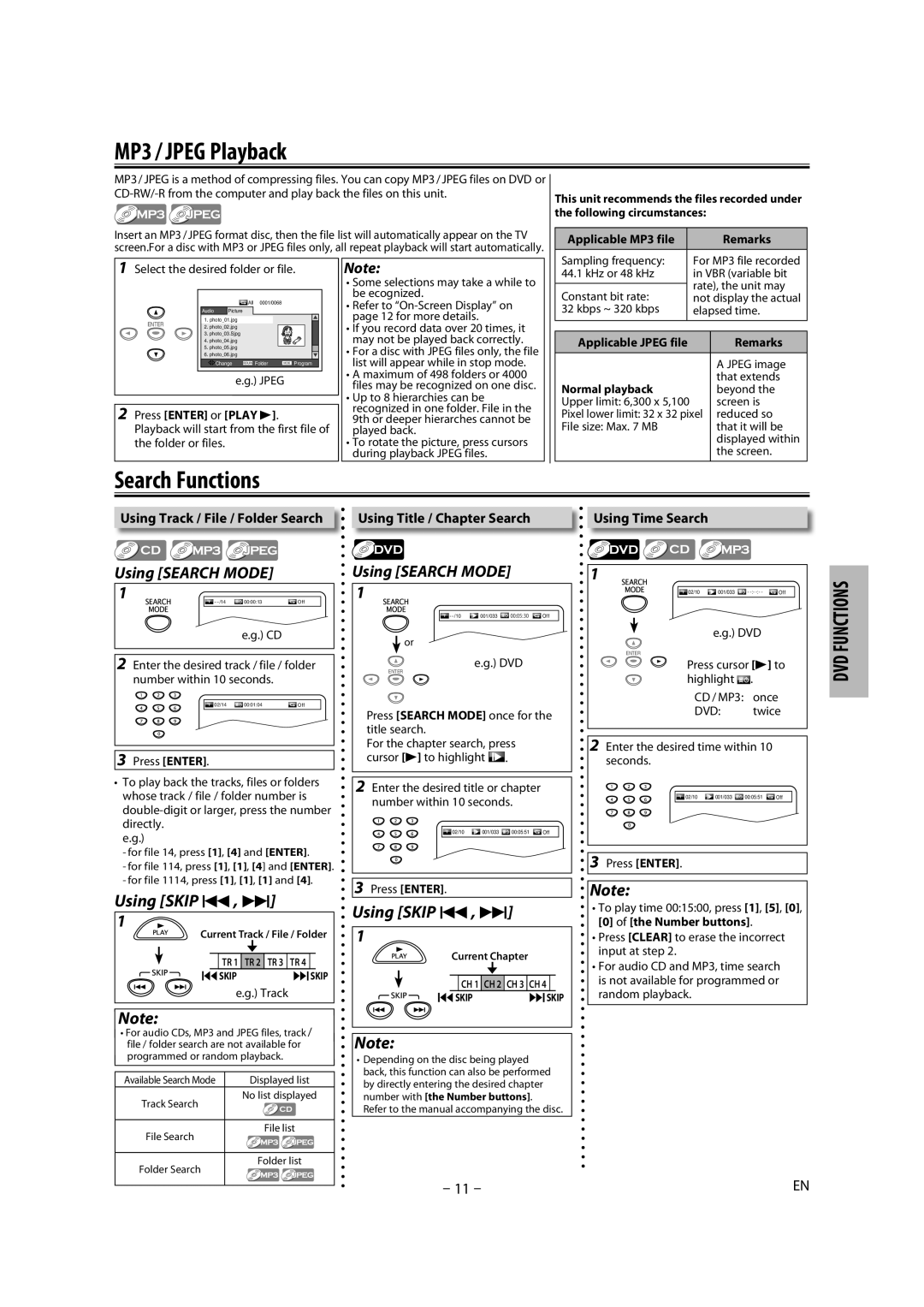 Magnavox DP170MGXF owner manual MP3 / Jpeg Playback, Search Functions, Applicable MP3 file, Applicable Jpeg file Remarks 