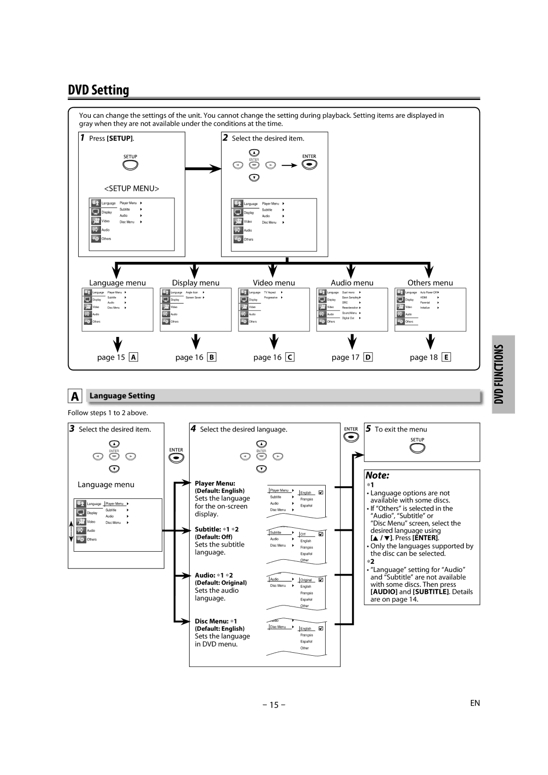 Magnavox DP170MGXF owner manual DVD Setting, Language Setting, 16 B 16 C 17 D 18 E, Press Enter 