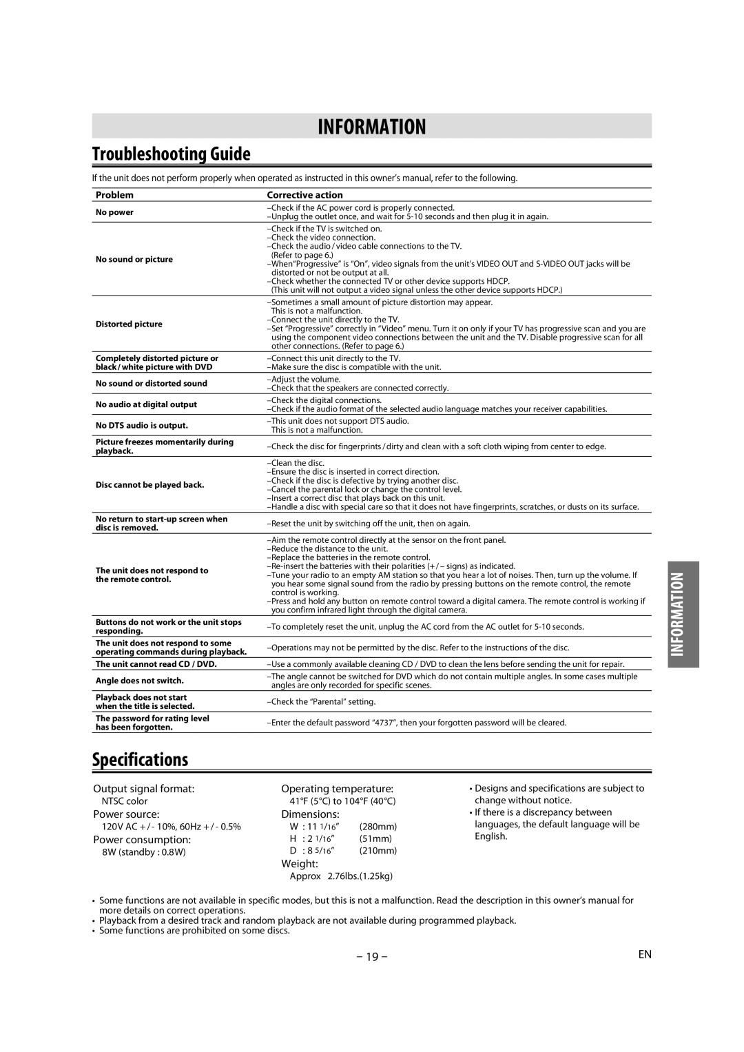 Magnavox DP170MGXF owner manual Information, Troubleshooting Guide, Specifications, Problem Corrective action 