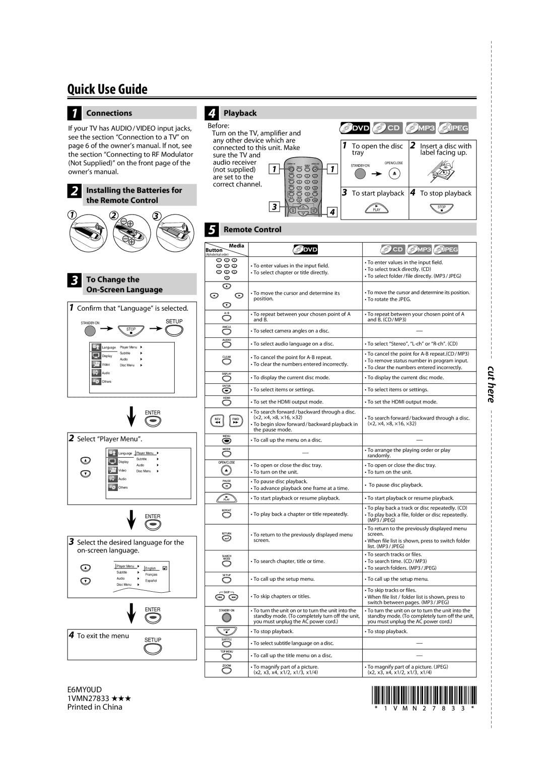 Magnavox DP170MGXF owner manual Quick Use Guide, Remote Control, To Change the On-Screen Language 