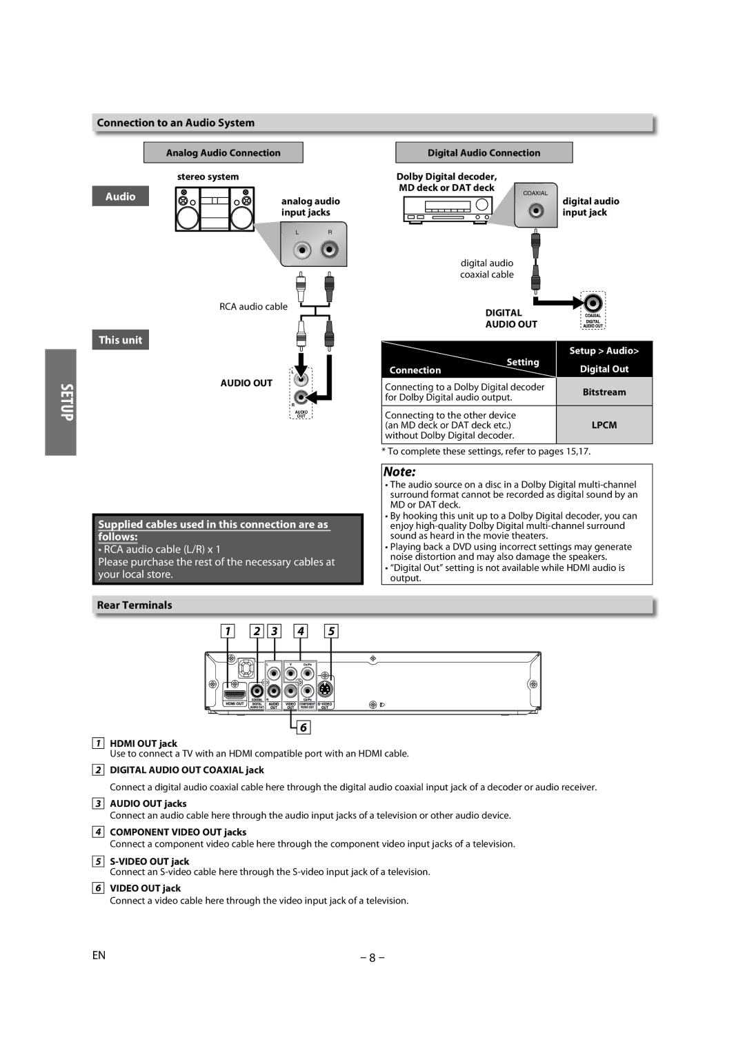 Magnavox DP170MGXF owner manual Connection to an Audio System, Rear Terminals, Digital Audio OUT 