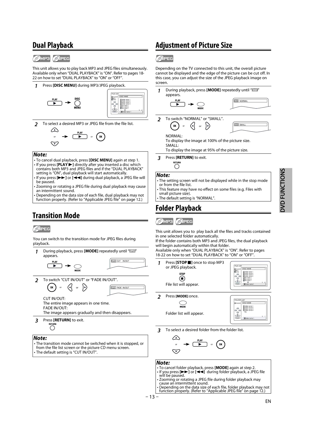 Magnavox DP170MW8 owner manual Dual Playback, Transition Mode, Adjustment of Picture Size, Folder Playback 