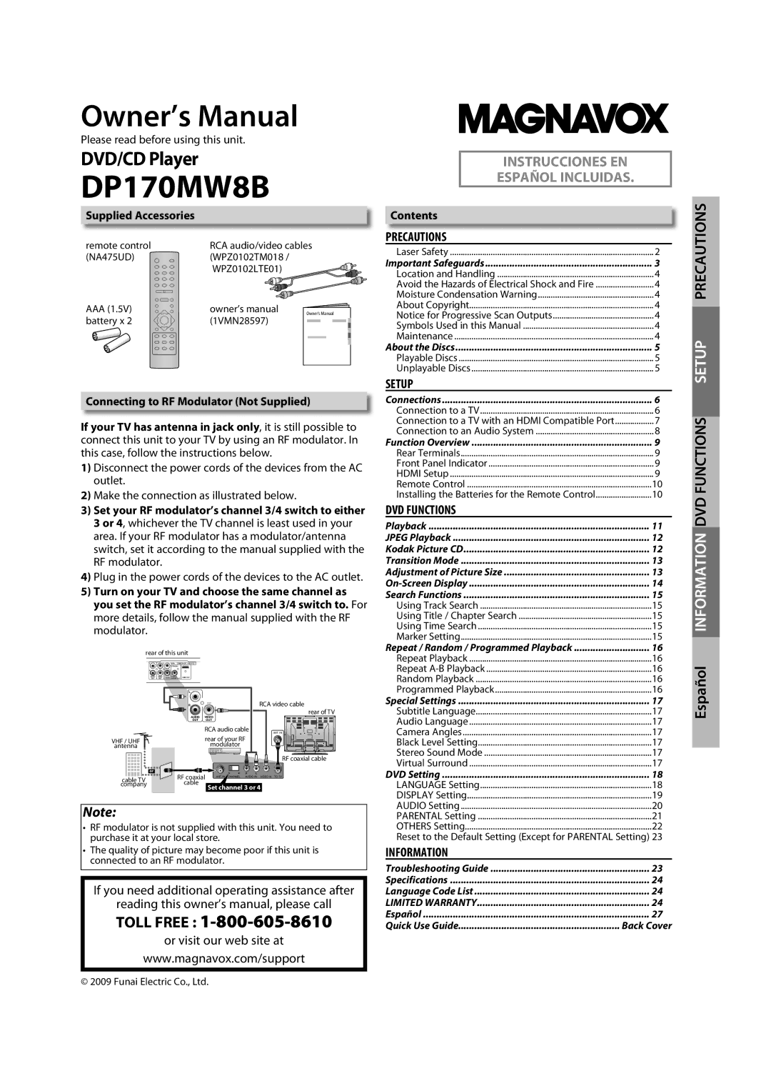 Magnavox DP170MW8B owner manual Supplied Accessories, Connecting to RF Modulator Not Supplied, Contents 