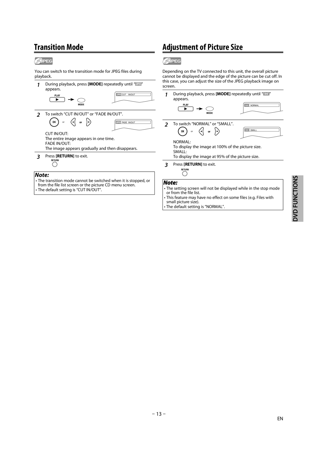 Magnavox DP170MW8B owner manual Transition Mode, Adjustment of Picture Size 