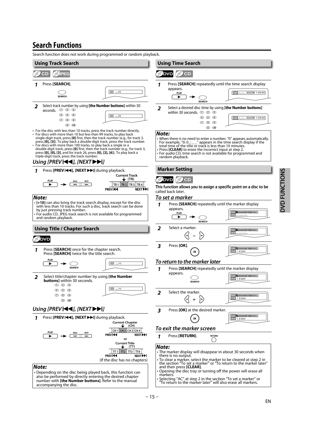 Magnavox DP170MW8B Search Functions, Using Track Search, Using Title / Chapter Search, Using Time Search, Marker Setting 